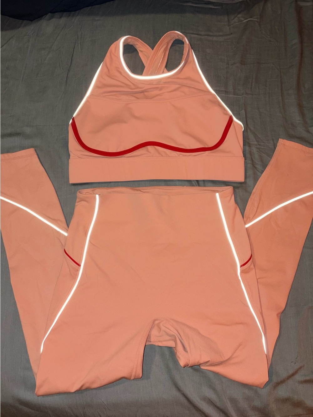 Fabletics Motion365 Reflective Peach Coral Sports Bra Leggings Set